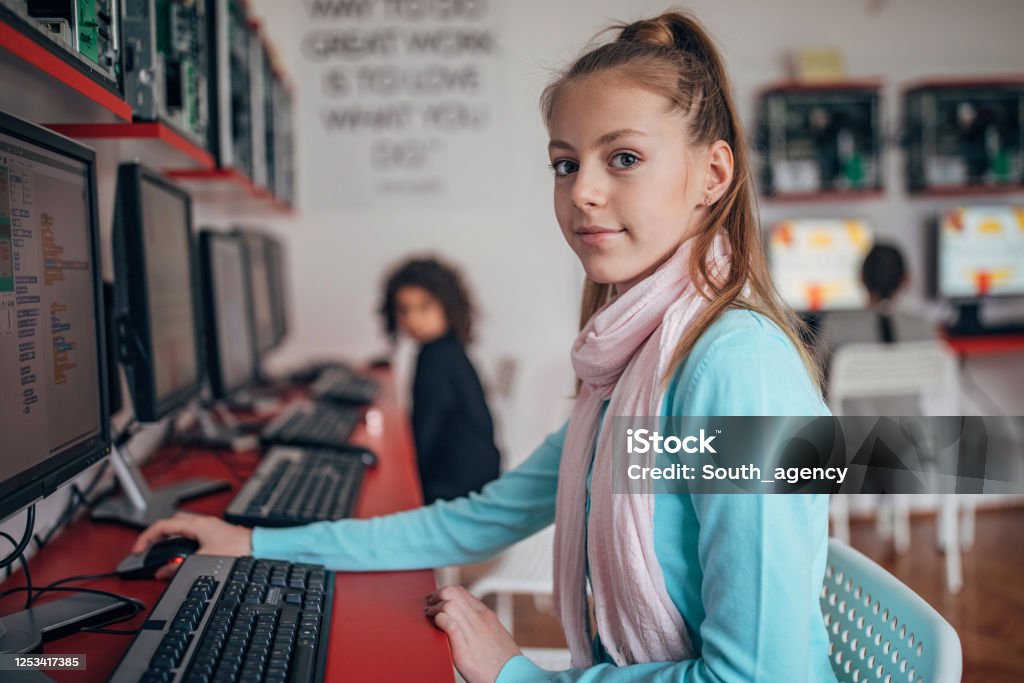 Girl Using Computer Stock Photo - Download Image Now - Back to School ...