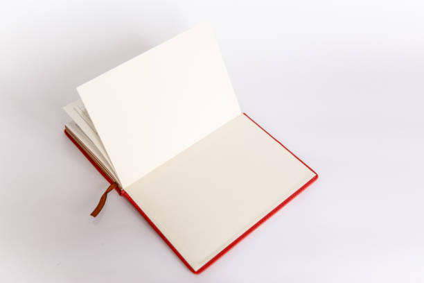 istock Open blank book, Copy space. Open red daily notebook book on white background 1253418513