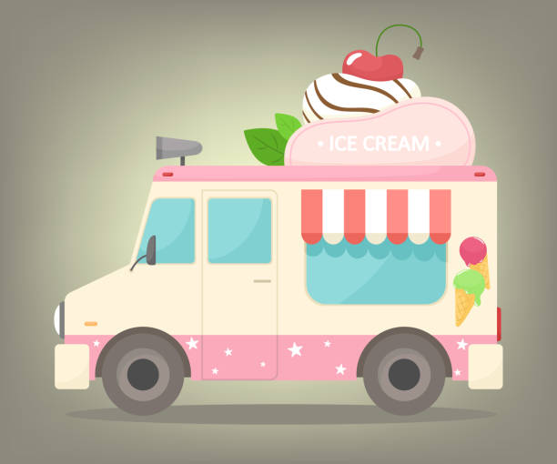 Ice cream truck. Vector illustration in cartoon flat style. Sale of ice cream on the street. Ice cream truck. Vector illustration in cartoon flat style. Sale of ice cream on the street. ice cream van stock illustrations