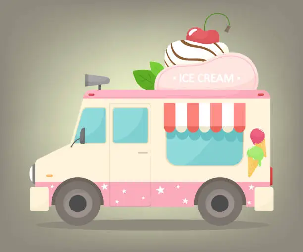 Vector illustration of Ice cream truck. Vector illustration in cartoon flat style. Sale of ice cream on the street.