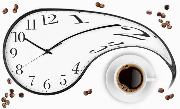 Coffee Time Composition. Coffee cup, clock face and roasted beans top view. Coffee time symbol. Interesting idea energy and refreshment concept.