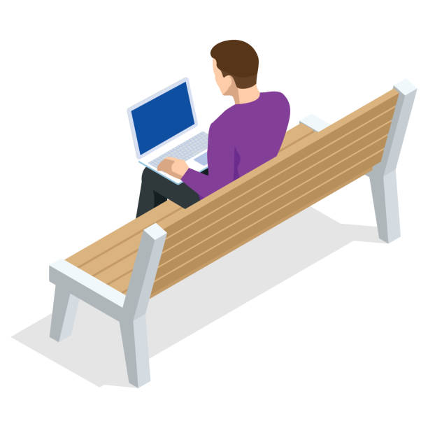 ilustrações de stock, clip art, desenhos animados e ícones de isometric young man is sitting on a bench with a laptop and chatting or zoom, back view, isolated on white background - using phone garden bench