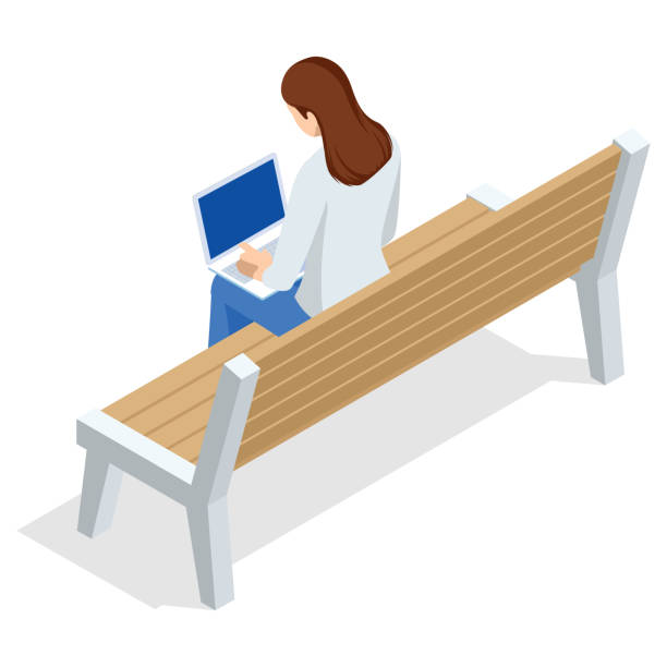 ilustrações de stock, clip art, desenhos animados e ícones de isometric young woman is sitting on a bench with a laptop and chatting or zoom, back view, isolated on white background - using phone garden bench