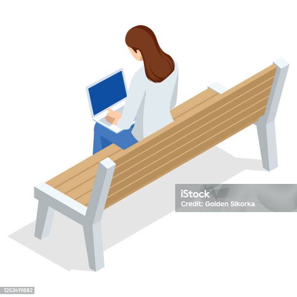 Isometric Young Woman Is Sitting On A Bench With A Laptop And Chatting Or Zoom Back View Isolated On White Background - Arte vetorial de stock e mais imagens de Banco - Assento