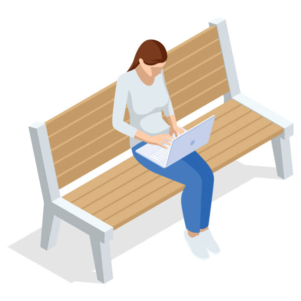 ilustrações de stock, clip art, desenhos animados e ícones de isometric young woman is sitting on a bench with a laptop and chatting or zoom, front view, isolated on white background - using phone garden bench