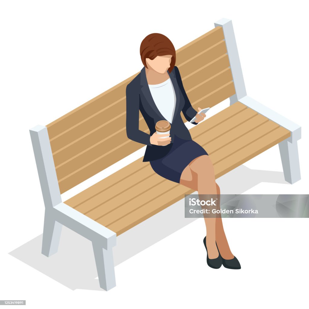 Isometric young woman is sitting on a bench with a smartphone and chatting or zoom, front view, isolated on white background - Royalty-free Projeção isométrica arte vetorial