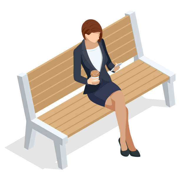 ilustrações de stock, clip art, desenhos animados e ícones de isometric young woman is sitting on a bench with a smartphone and chatting or zoom, front view, isolated on white background - using phone garden bench