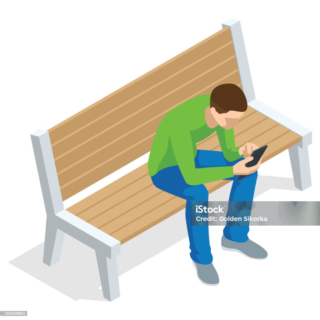 Isometric young man sitting and using mobile phone sitting on a bench and resting , front view, Isolated on white background - Royalty-free Homens arte vetorial