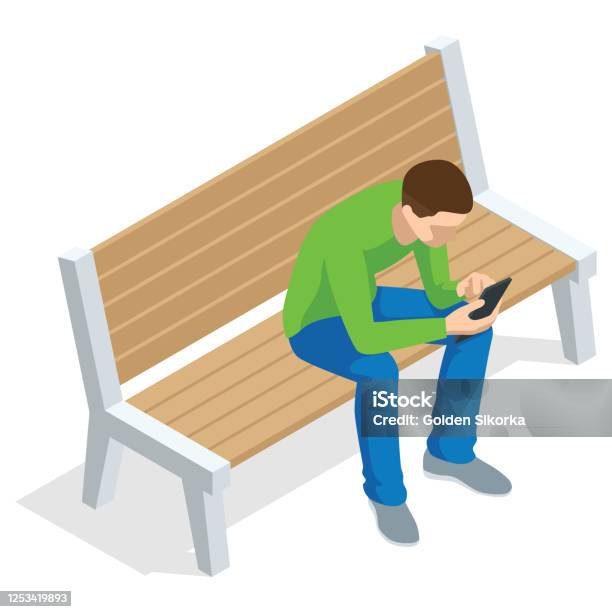 Isometric Young Man Sitting And Using Mobile Phone Sitting On A Bench And Resting Front View Isolated On White Background - Arte vetorial de stock e mais imagens de Homens