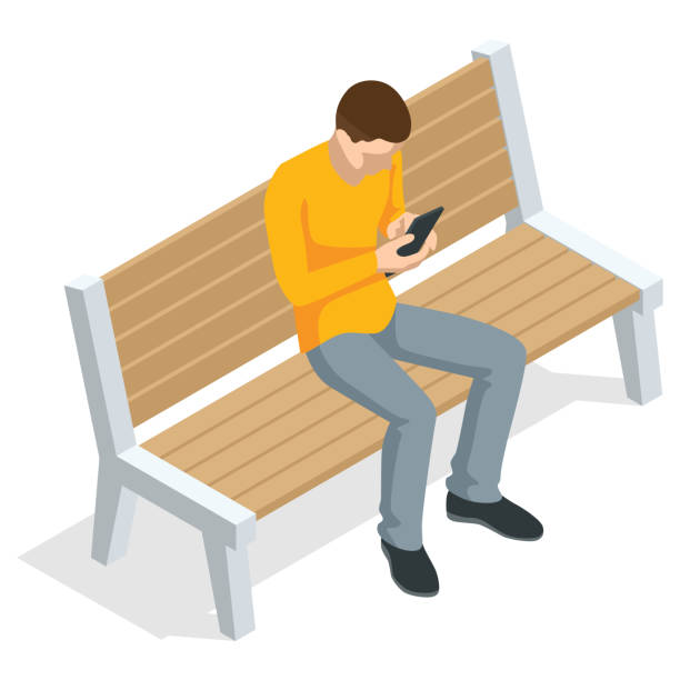 ilustrações de stock, clip art, desenhos animados e ícones de isometric young man sitting and using mobile phone sitting on a bench and resting , front view, isolated on white background - using phone garden bench