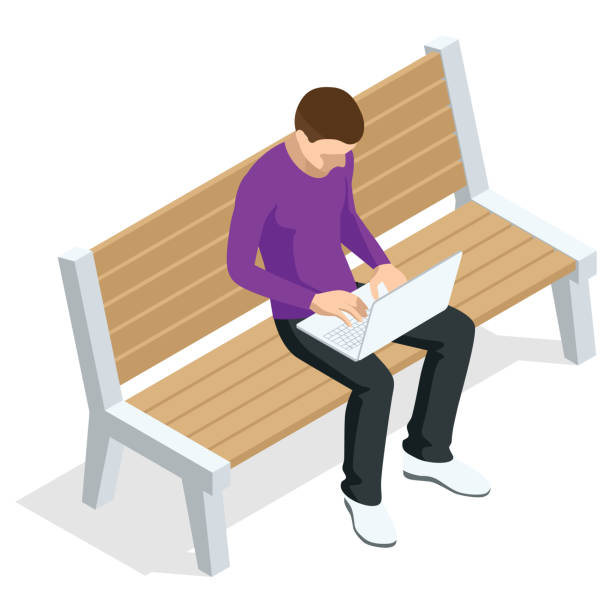 ilustrações de stock, clip art, desenhos animados e ícones de isometric young man is sitting on a bench with a laptop and chatting or zoom, front view, isolated on white background - using phone garden bench