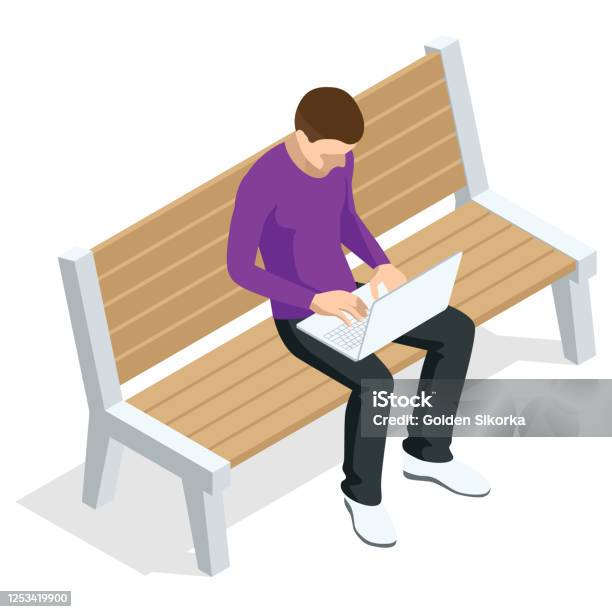 Isometric Young Man Is Sitting On A Bench With A Laptop And Chatting Or Zoom Front View Isolated On White Background - Arte vetorial de stock e mais imagens de Projeção isométrica