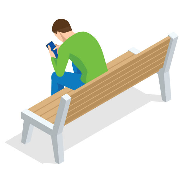 ilustrações de stock, clip art, desenhos animados e ícones de isometric young man sitting and using mobile phone sitting on a bench and resting , back view, isolated on white background - using phone garden bench
