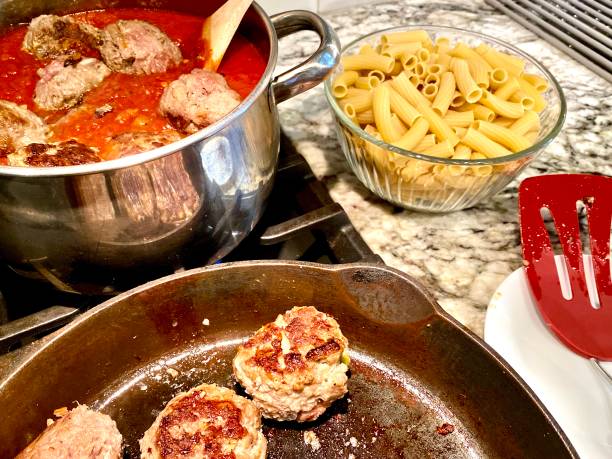 Meatballs, sauce and rigatoni noodles