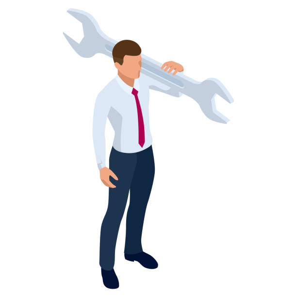istock Isometric businessman isolated on write. Creating an office worker character, cartoon people. Business people. Businessman with a wrench in hand 1253420340