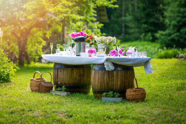istock beautiful banquet buffet table decorated in rustic style in the garden 1253421959