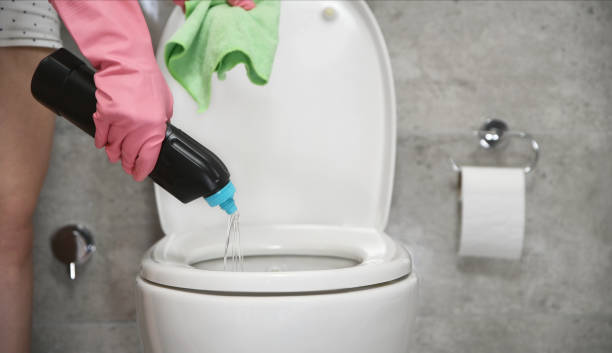 Cleaning Toilet Bowl Toilet, Cleaning, Toilet Bowl, Liquid, Bleach, Pouring toilet bowl stock pictures, royalty-free photos & images