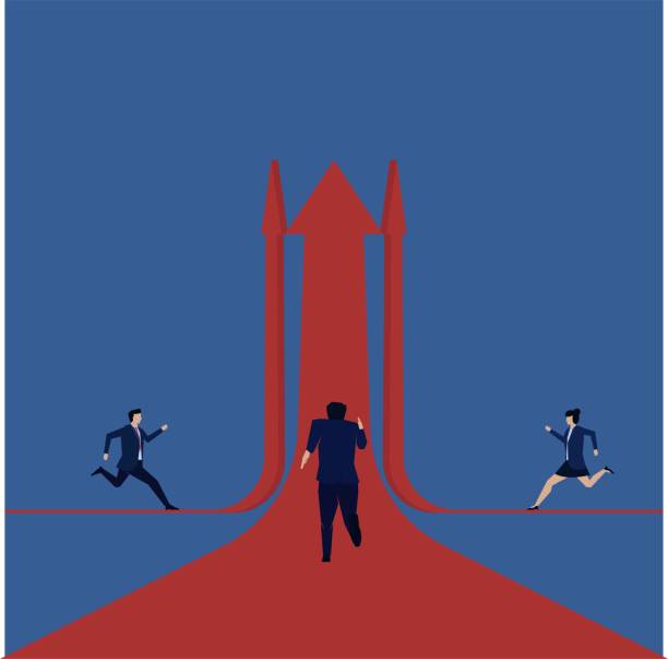 Business flat vector concept man and woman run to grow arrow united on one point metaphor of vision and teamwork. Business flat vector concept man and woman run to grow arrow united on one point metaphor of vision and teamwork. slave market stock illustrations