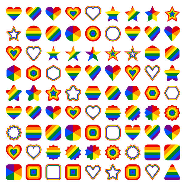 LGBTフラグの形状。円、星、六角形、ハート、正方形、三角形の形。LGBTQIプライドイベント、LGBTプライド月間またはゲイプライドシンボルで使用するための虹色の看板のセット。ベクトルの� ベクターアートイラスト