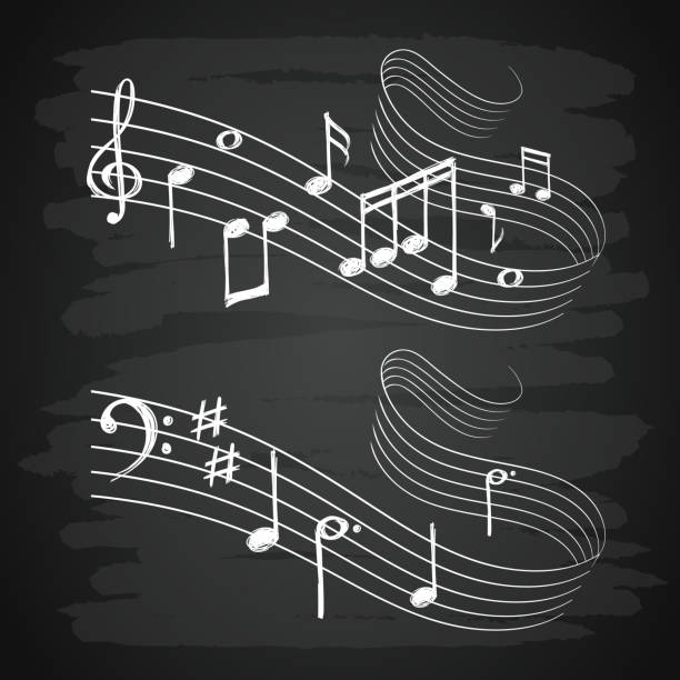 kreda szkic muzyczna fala dźwiękowa z nutami na tablicy - black bass illustrations stock illustrations