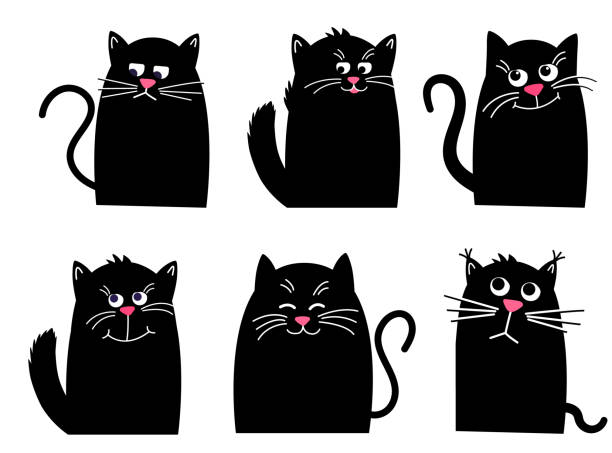 set schwarze katze. lustige kawaii tier. haustiere sammlung. isoliert auf weiß - sadness domestic cat black pensive stock-grafiken, -clipart, -cartoons und -symbole