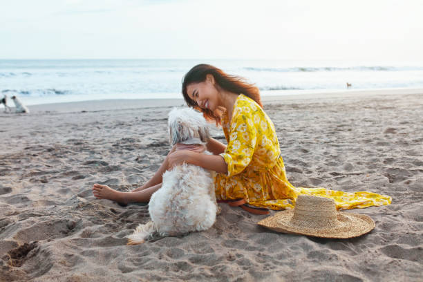 Dog-Friendly Beach. Woman In Boho Dress And Straw Hat With Cute Dog On Sandy Coast. Beautiful Fashion Model Enjoying Summer Vacation At Tropical Ocean. Travelling With Pet As Lifestyle. Dog-Friendly Beach. Woman In Boho Dress And Straw Hat With Cute Dog On Sandy Coast. Beautiful Fashion Model Enjoying Summer Vacation At Tropical Ocean. Travelling With Pet As Lifestyle. maxi length stock pictures, royalty-free photos & images