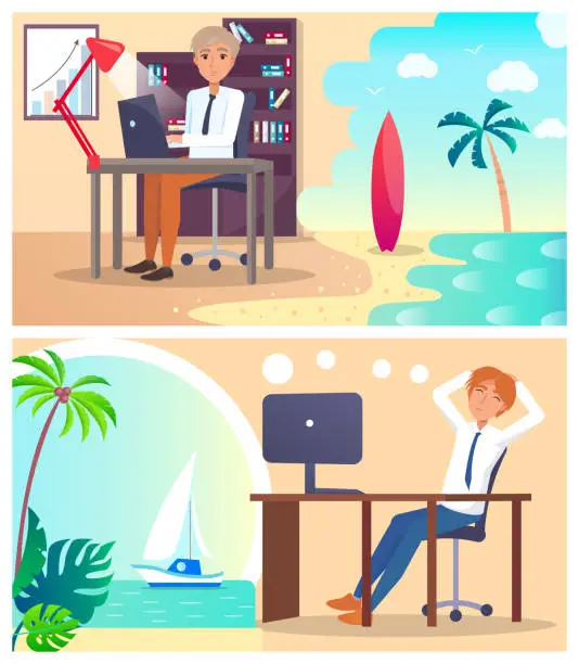 Vector illustration of Office Workers Daydream about Vacation Abroad Set