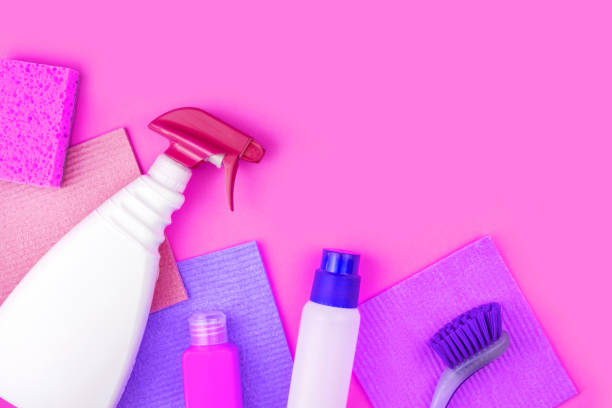 istock House cleaning products are on pink background. 1253424715