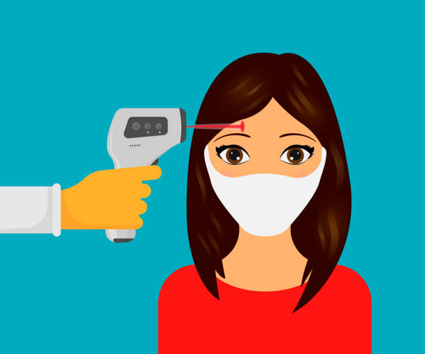 Temperature check. Doctor holding a non-contact thermometer in hand isolated on white background. Vector illustration. Temperature check. Doctor holding a non-contact thermometer in hand isolated on white background. Vector illustration. Eps 10. non gender figure stock illustrations