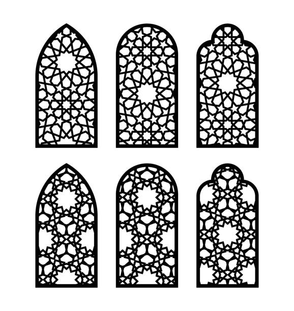 ilustrações, clipart, desenhos animados e ícones de janela do arco árabe ou porta. padrão cnc, corte a laser, modelo vetorial definido para decoração de parede, pendurado, estêncil, gravura - moorish