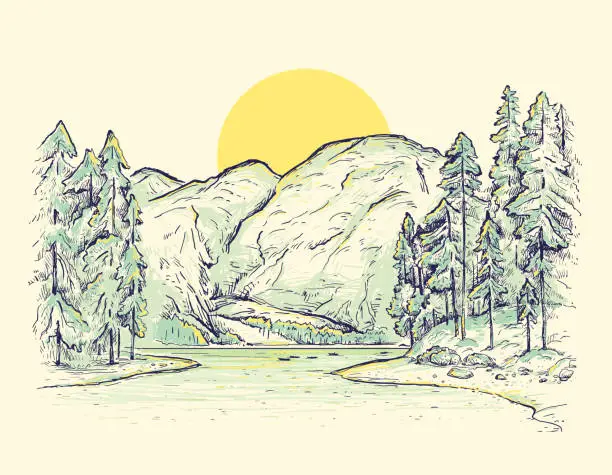 Vector illustration of Braies Lake (Lago di Braies). Dolomites, South Tyrol, Italy. Vector sketch landscape with mountains, lake, sun and fir-trees. Hand drawn traveling concept illustration.