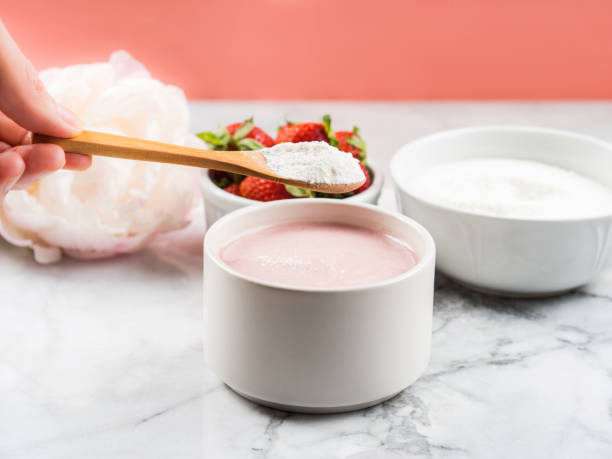 Collagen protein powder in bowl on marble