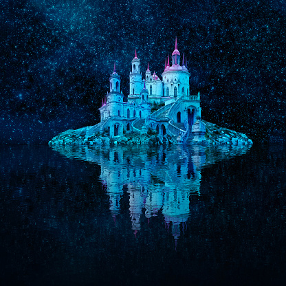 fantastic wonderland landscape. beautiful island with an ancient castle is reflected in the water against the night starry sky