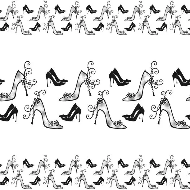 Vector illustration of Seamless horizontal border with black and openwork black high heels shoes on a white background