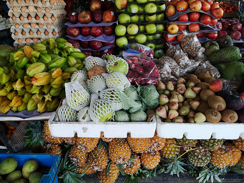 Fruits are displayed at a fruit juice stand at Carmel Market in Tel Aviv, Israel.