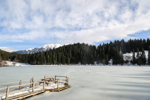 istock Bench on an icy lake in a mountain ridge park 1253439583