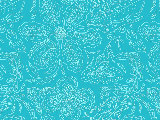 Vector illustration of Seamless vector pattern drawn in thin lines on a floral theme with a turquoise background. Hand-drawn outline floral ornament.