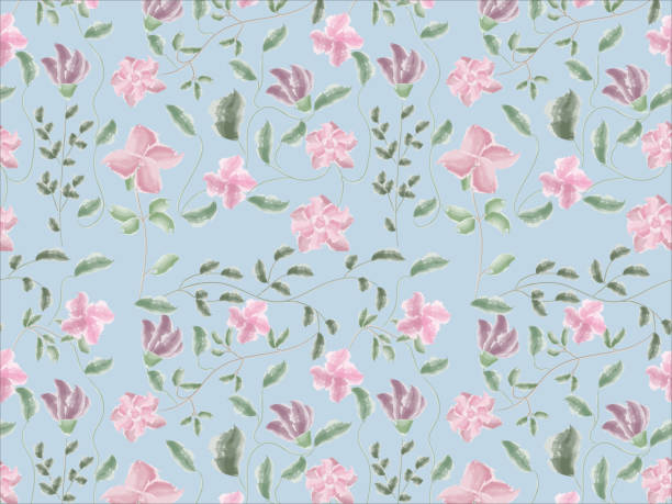 istock Watercolor seamless pattern with blooming pink flowers and green leaves. 1253442323