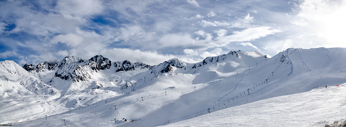 Snow covered mountains peaks, winter landscape of the Pyrenees in Andorra