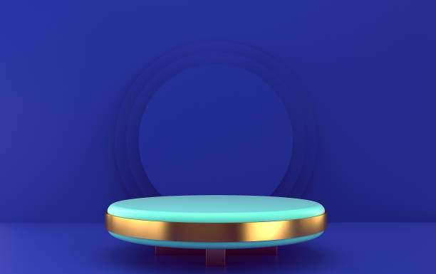 istock Deep blue studio background, turquoise round platform with gold detail, 3d rendering, scene with geometrical forms, minimal abstract background 1253442817