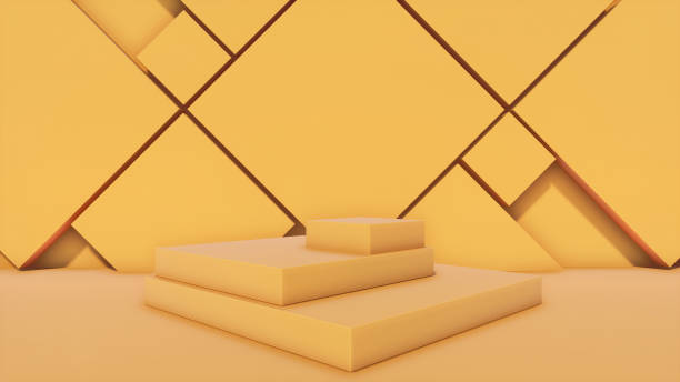 istock Scene with geometrical forms, minimal linear background, yellow abstract geometric shape group set, 3D render, pastel platform 1253444441