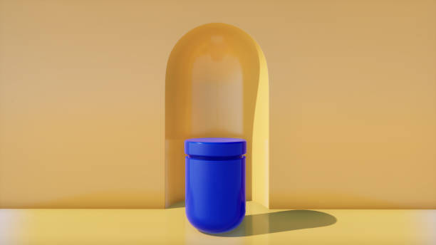 istock Arc with a platform in yellow colors, cylindrical blue platform, minimal portal, 3d rendering, scene with geometrical forms, minimal abstract background 1253444532