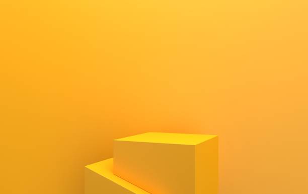 istock yellow studio background, cubic pedestal abstract geometric shape group set, 3d rendering, scene with geometrical forms, minimal mockup 1253444618