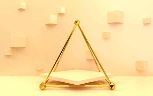 istock abstract geometric shape group set, beige studio background, golden cage, 3d rendering, scene with geometrical forms, background with cubes, square pedestal inside the golden pyramid, fashion minimalistic scene, simple clean design 1253445027
