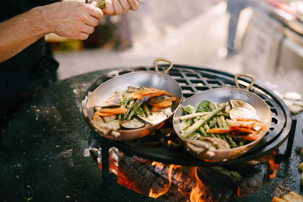 Colorful grilled vegetables in frying pan  close-up