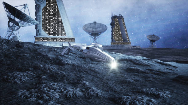 istock Military space ship fly on moon. Moon colony. Earth backround. 3d rendering. 1253446958