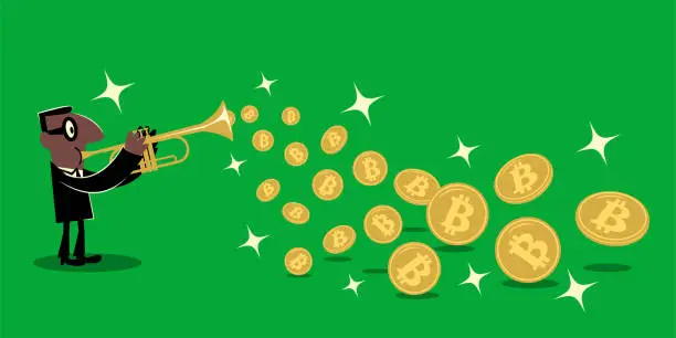 Vector illustration of African-American Ethnicity businessman playing trumpet and getting a lot of gold Bitcoin cryptocurrency out of his brass instrument