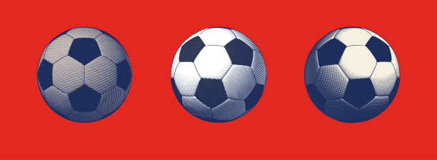 Monochrome blue vintage engraved drawing football soccer vector illustration in various drawing technique style with three point of view isolated on red background