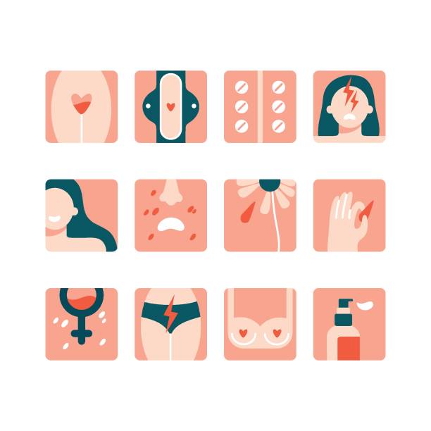 ilustraciones, imágenes clip art, dibujos animados e iconos de stock de conjunto de iconos del período menstrual en blanco. síntomas de la menstruación. - pms