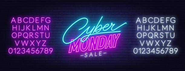 Cyber Monday sale neon sign on a dark background. Cyber Monday sale neon sign. Neon alphabet on brick wall background. Template for a design. monday night stock illustrations